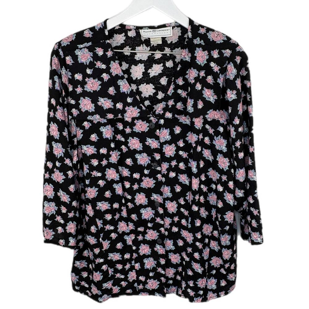 Vintage 90's Floral Big Collar Button Up Shirt Made in USA - Women's Size 14